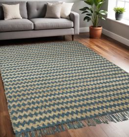 5' X 8' Teal Chevron Hand Woven Stain Resistant Area Rug With Fringe