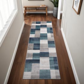 8' Teal And Gray Patchwork Power Loom Stain Resistant Runner Rug