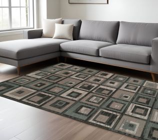 8' X 10' Color Block Beige And Teal Checkered Stain Resistant Area Rug