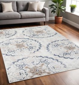 5' X 8' Ivory Geometric Medallion  Stain Resistant Area Rug