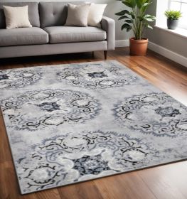 5' X 8' Silver And Gray Geometric Medallion Stain Resistant Area Rug