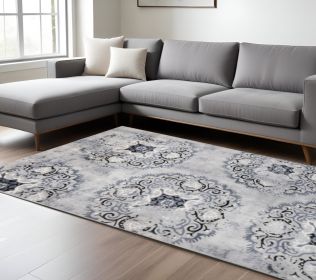8' X 10' Silver And Gray Geometric Medallion Stain Resistant Area Rug
