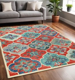 5' X 8' Blue And Rust Wool Geometric Tufted Stain Resistant Area Rug