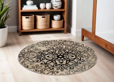 5' Round Tan Gray And Black Round Floral Medallion Stain Resistant Area Rug