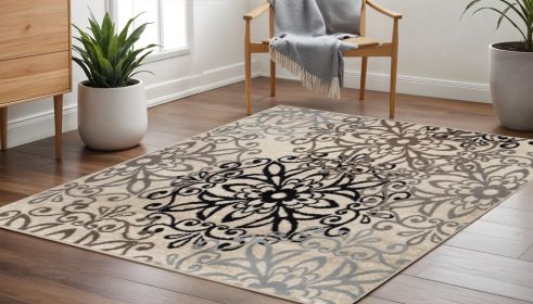 5' Square Tan Gray And Black Square Floral Medallion Stain Resistant Area Rug