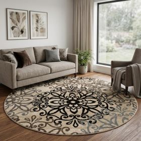 8' Round Tan Gray And Black Round Floral Medallion Stain Resistant Area Rug