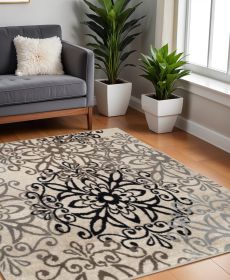 8' Square Tan Gray And Black Square Floral Medallion Stain Resistant Area Rug