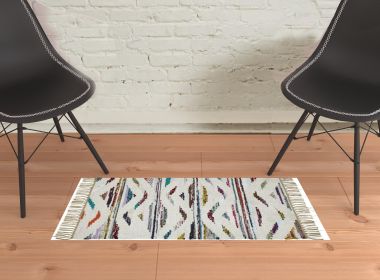 2' X 3' Ivory Orange And Blue Southwestern Area Rug With Fringe