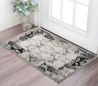 2' X 3' Black And Gray Damask Power Loom Distressed Stain Resistant Area Rug