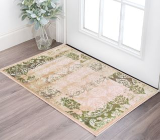 2' X 3' Beige Damask Power Loom Distressed Stain Resistant Area Rug