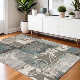 4' X 6' Teal Gray And Tan Floral Power Loom Distressed Stain Resistant Area Rug