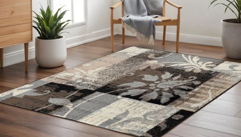 5' Square Beige And Gray Square Floral Power Loom Distressed Stain Resistant Area Rug