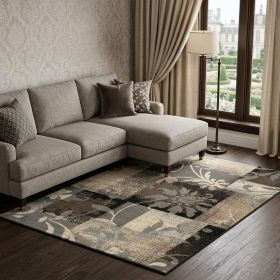 8' X 10' Beige And Gray Floral Power Loom Distressed Stain Resistant Area Rug