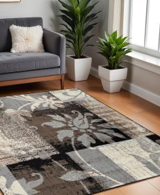 8' Square Beige And Gray Square Floral Power Loom Distressed Stain Resistant Area Rug
