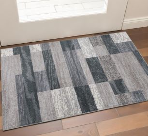 2' X 3' Blue And Taupe Patchwork Power Loom Stain Resistant Area Rug