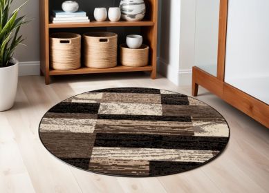 5' Round Chocolate Round Patchwork Power Loom Stain Resistant Area Rug