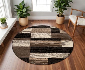 8' Round Chocolate Round Patchwork Power Loom Stain Resistant Area Rug