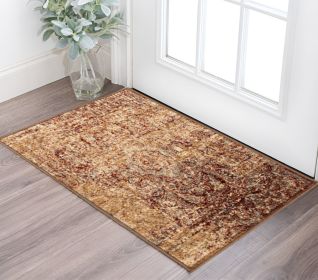 2' X 3' Maroon And Gold Abstract Power Loom Distressed Stain Resistant Area Rug