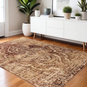 4' X 6' Maroon And Gold Abstract Power Loom Distressed Stain Resistant Area Rug