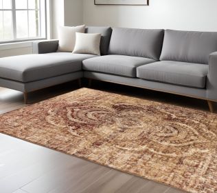 9' X 12' Maroon And Gold Abstract Power Loom Distressed Stain Resistant Area Rug