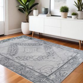 4' X 6' Light Gray Geometric Power Loom Distressed Stain Resistant Non Skid Area Rug