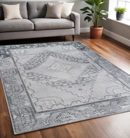 5' X 8' Light Gray Geometric Power Loom Distressed Stain Resistant Non Skid Area Rug