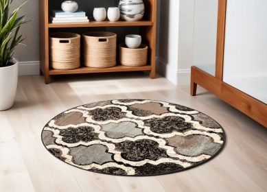5' Round Chocolate Round Quatrefoil Power Loom Distressed Stain Resistant Area Rug