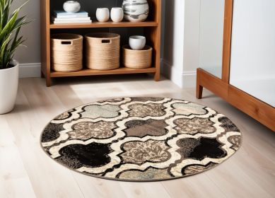 5' Round Ivory Round Quatrefoil Power Loom Distressed Stain Resistant Area Rug