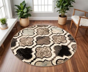 8' Round Ivory Round Quatrefoil Power Loom Distressed Stain Resistant Area Rug