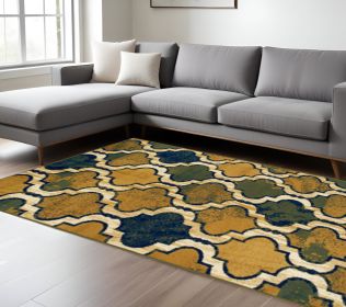 8' X 10' Green Quatrefoil Power Loom Distressed Stain Resistant Area Rug