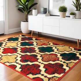 8' X 10' Red Blue Quatrefoil Power Loom Distressed Stain Resistant Area Rug