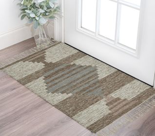 2' X 3' Grey Geometric Flatweave Handmade Stain Resistant Area Rug With Fringe