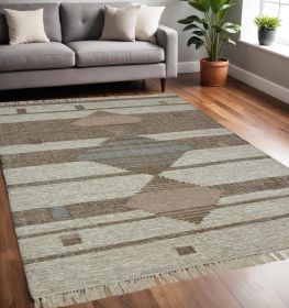 5' X 8' Grey Geometric Flatweave Handmade Stain Resistant Area Rug With Fringe