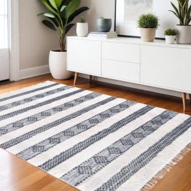 4' X 6' Black And Ivory Wool Striped Flatweave Handmade Stain Resistant Area Rug With Fringe