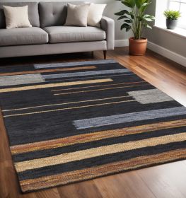 5' X 8' Navy Blue Striped Hand Woven Stain Resistant Area Rug