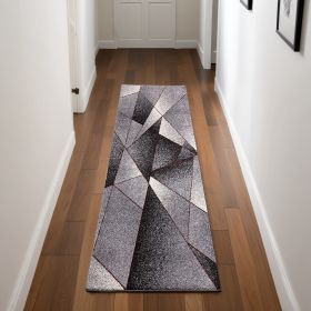 2' X 8' Grey Blue Geometric Power Loom Stain Resistant Area Rug