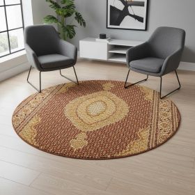 7' Cream Round Oriental Power Loom Area Rug