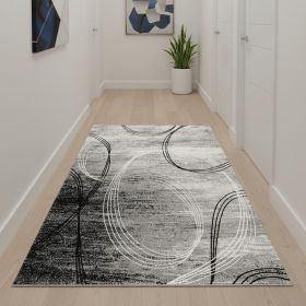 3' X 13' Grey Abstract Power Loom Stain Resistant Area Rug