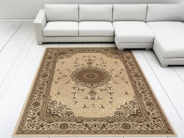 7' X 10' Beige and Black Oriental Power Loom Area Rug