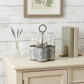 Set of Four Clear Galvanized Metal and Glass Decorative Bottles