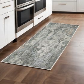 2' X 8' Ivory Grey Charcoal Blue And Rust Oriental Power Loom Stain Resistant Runner Rug