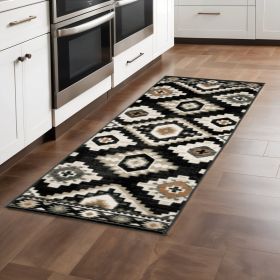 2' X 8' Black Grey Tan Orange And Ivory Southwestern Power Loom Stain Resistant Runner Rug