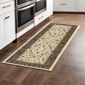 2' X 8' Ivory And Black Oriental Power Loom Stain Resistant Runner Rug