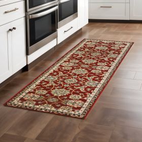2' X 8' Red Black Blue Ivory Green And Salmon Oriental Power Loom Stain Resistant Runner Rug