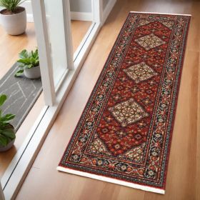 2' X 6' Red Blue Ivory And Orange Oriental Power Loom Stain Resistant Runner Rug With Fringe