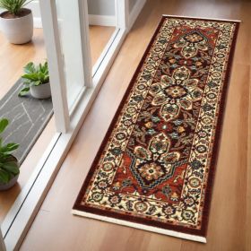2' X 6' Red Ivory Orange And Blue Oriental Power Loom Stain Resistant Runner Rug With Fringe