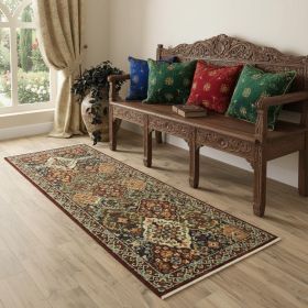 2' X 6' Red Rust Navy Light Blue Brown Orange Ivory And Gold Oriental Power Loom Stain Resistant Runner Rug With Fringe