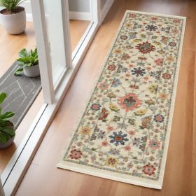 2' X 6' Ivory Salmon Pink Gold Blues Grey Rust And Green Oriental Power Loom Stain Resistant Runner Rug With Fringe