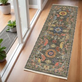 2' X 6' Grey Blue Pink Orange Rust Red Green And Ivory Oriental Power Loom Stain Resistant Runner Rug With Fringe