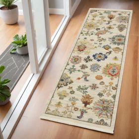 2' X 6' Ivory Beige Gold Grey Blue Pink Red Rust And Green Oriental Power Loom Stain Resistant Runner Rug With Fringe